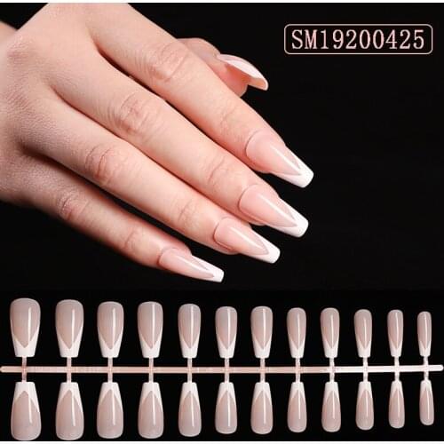 2020 Summer Long Natural Nude White French Nail Tips False Fake Nails UV Gel Press on Ultra Easy Wear for Home Office Wear