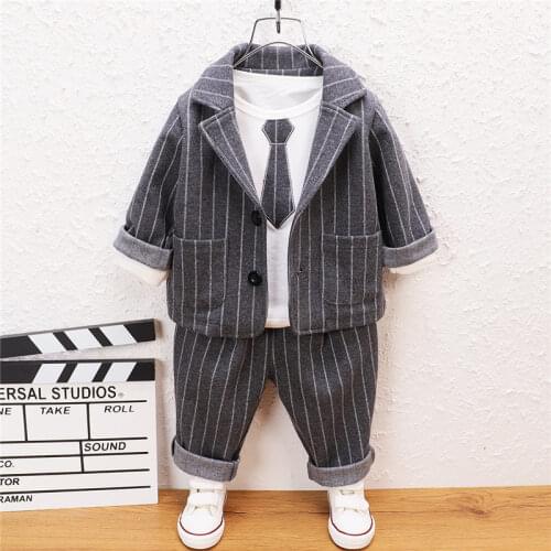 2021 Autumn Children Baby Boys Wedding Clothing Toddler Strips Clothes Suits Kids Gentleman Suits T Shirt Pants 3pcs/Set Clothes