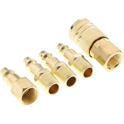 5 Pcs Solid Brass Quick Coupler Set Air Hose Connector Fittings 1/4 inch Tool