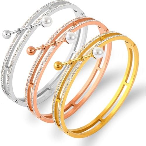 Hollow Double Row Full Rhinestone Pearl Bracelet Titanium Steel Zirconia Bangle Gold Woman Designer Bracelet Fine jewelry Bijoux