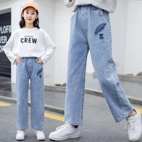 Pants For Girls Casual Style Girls Straight Loose Thin Jeans With Embroidery Feather Pattern Kids Fashion Denim Trousers 5-14Yrs