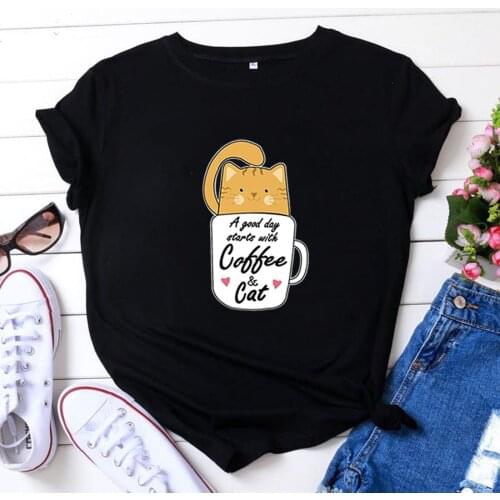 Cute Coffee Cat T Shirt Women Tops Summer Short Sleeve O-neck Cotton Tshirt Women Loose Camiseta Mujer Casual Tee Shirt Femme
