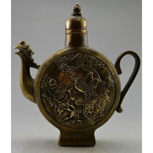 Exquisite Chinese Collectible Decorated Old Handwork Copper Carved Flower Bird Phoenix Tea Pot