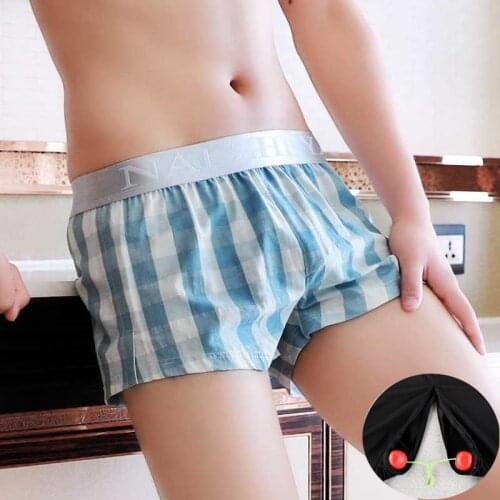 Plaid Crotchless Mens Boxers Underwear Hot Sexy Open Croch Short Swim Trunks Swimwear Male Bathing Shorts Exotic Home Night Wear