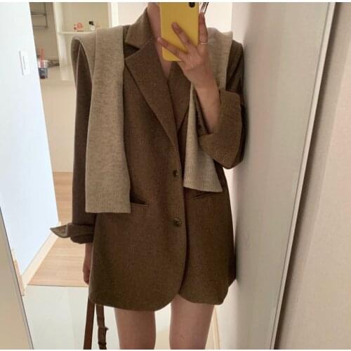 Korean Vintage Suit Jacket Spring Autumn Lapel Two Buttons Loose Oversize Coat Pockets Long Sleeve Solid Woolen Blazer Jacket