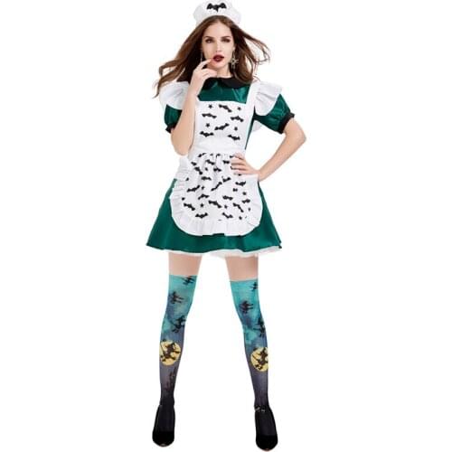 Adult Cosplay Parent-child Costume Halloween Magic Broom Maid Costume Evil Bat Green Skirt Dress