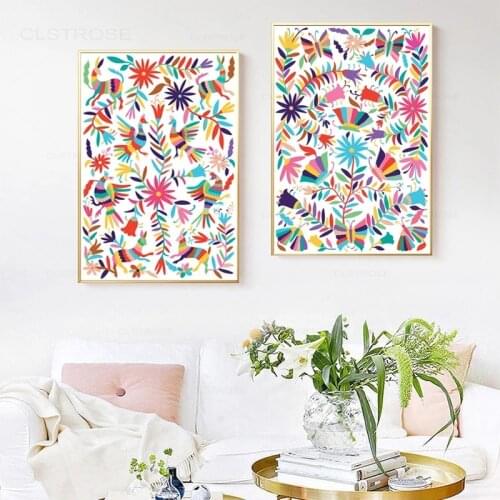 Mexico Art Poster Colorful Mexican Folk Canvas Painting Otomi Wall Art Pictures for Living Room Bedroom Home Decoration