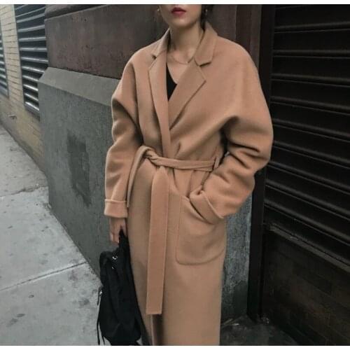 New Women Long Wool Coat Fashion Korean Turn Down Collar with Belt Bandage Woolen Coats Ladies Elegant Spring Autumn Outwear