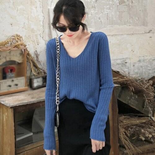 Autumn Winter Basic V-Neck Sweater Women Pullover Solid Color Long Sleeve Knitted Sweaters Womens Clothing