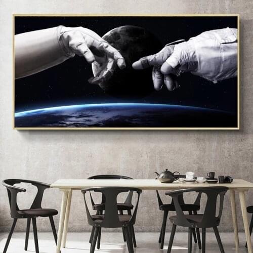 Space Landscape Posters and Prints Wall Art Canvas Painting Astronauts hand and hand of God Picture for Living Room Home Decor