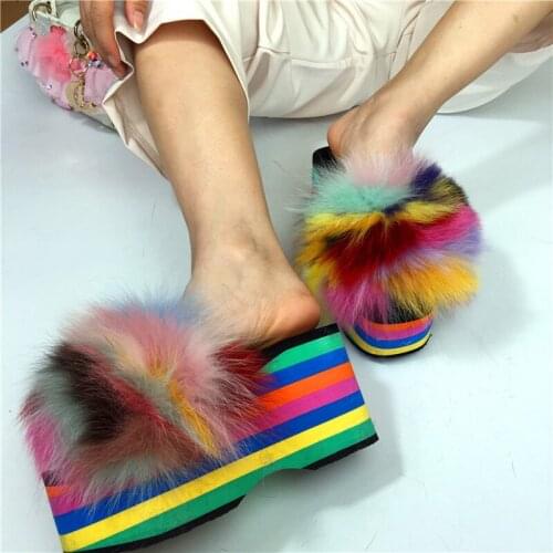 Summer Foam Rainbow Platform Sole Multi Real Fox Fur Slipper Women Colorful Stripe Wedges Heel Real Fur Leisure Slide Woman