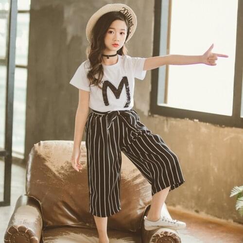 TELOTUNYChildrens clothing (3-13Y)Teen Kids Girls Letter Sequin T-shirt Short Sleeve Tops Stripe Wide leg pants Outfits Set Jun