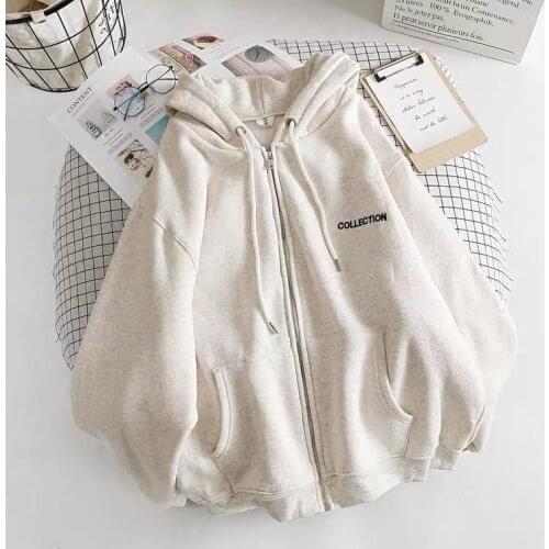 Zip-up Hoodie Women Loose Plus Velvet sweatshirt Pockets Letter Casual Oversized Harajuku Streetwear Womens tops clothes Trendy