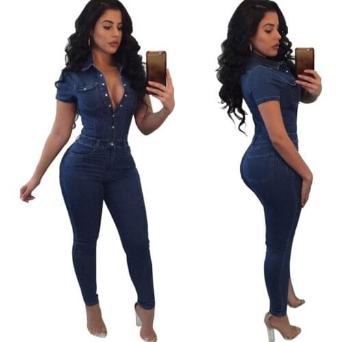 Cowboy Short Sleeve Jumpsuits Single-breasted Multi-pocket Women Clothing Holiday Party Skinny Jumpsuits Office Lady Clubwear