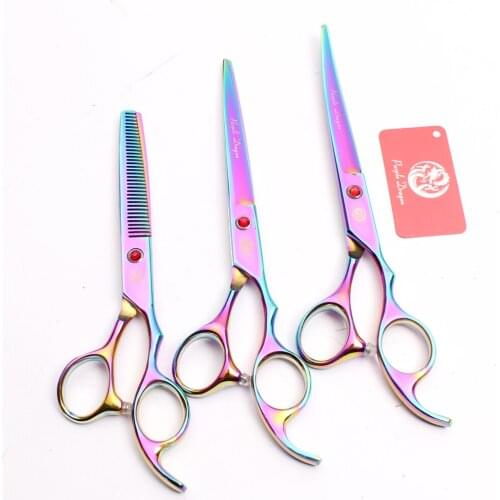Z3003 3Pcs 7'' Multicolor Japan Steel Cutting Shears + Thinning Scissors + UP Curved Shears Professional Pets Hair Scissors Suit