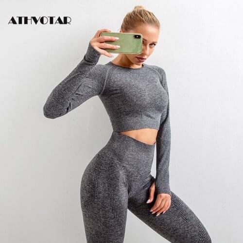 ATHVOTAR T Shirts Women Seamless Casual Long Sleeve Round Neck Fitness Tops For Women Solid Color Workout Sports Tshirts