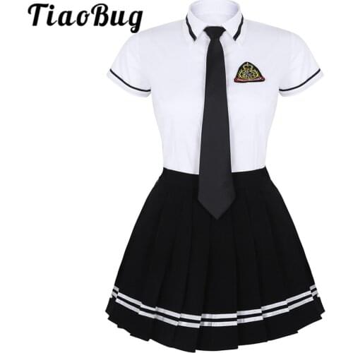 TiaoBug Women Teens Girls Japanese School Uniforms White Short Sleeve Shirts with Pleated Skirt Set Korean Style Student Costume