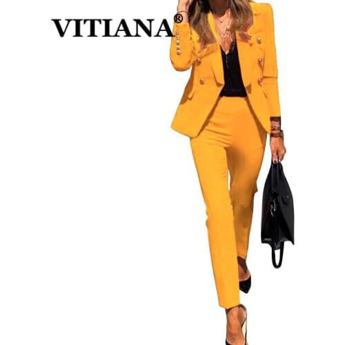 VITIANA Two Pieces Sets Office Work Women Spring 2020 Female Long Sleeve Black Blazers Yellow Pants Femme Outfits 2 Piece Set