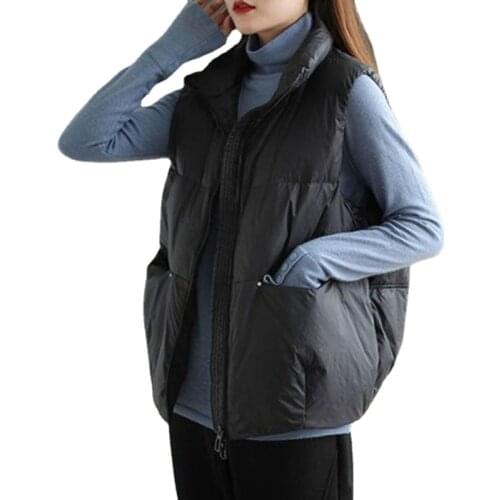 Winter 2021 Loose Duck Down For Women Stand Collar Waistcoat Vest Zipper Sleeveless Body Warmer Female Down Vest Jacket