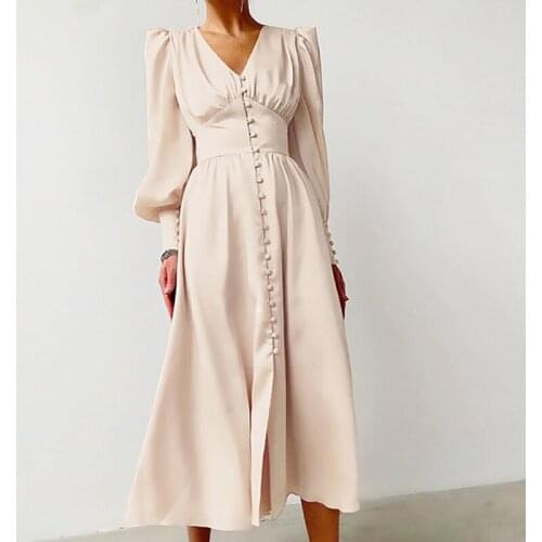 Spring Fashion Solid Long Sleeve Dress 2021 Elegant Women Lantern Sleeve A-Line Long Dress Casual Loose V-Neck Party Dress