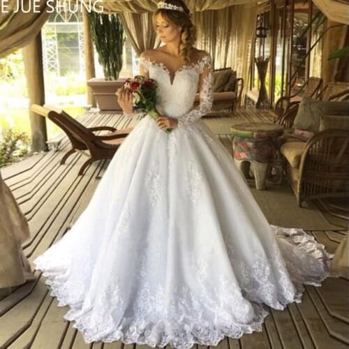 E JUE SHUNG White Vintage Lace Appliques Ball Gown Wedding Dresses Sheer Back Long Sleeves Wedding Gowns robe de mariee