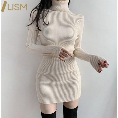 LISM Turtleneck Sweater Dress Women Elegant Fashion Autumn Winter Knitted Bodycon Dress Winter Balck Long Sleeve Office Dresses