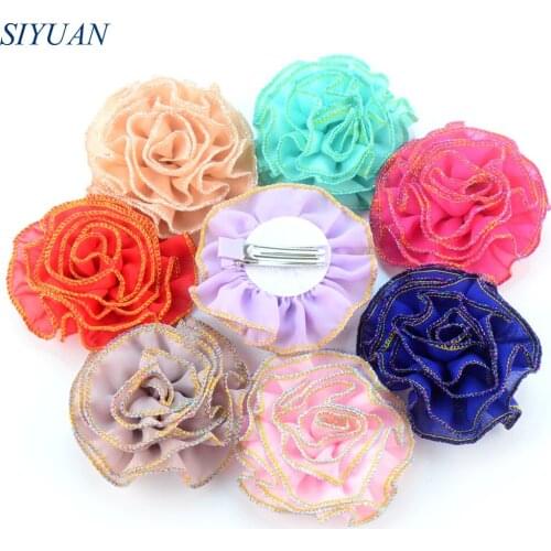 28pcs/lot Double Prong Metal Hair Clip with Ruffled Overlock Chiffon Flower Girl Headwear Barrette Hair Accessories TH226