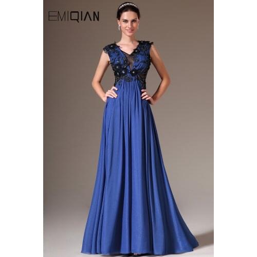 Freeshipping New V-cut Neckline Sleeveless Royal Blue Evening Dresses with Black Applique