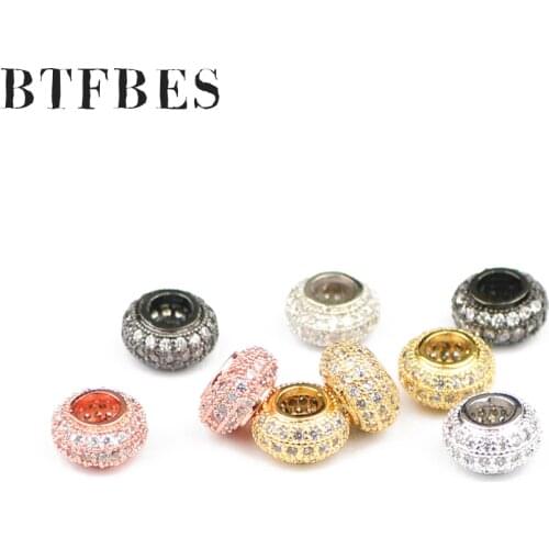BTFBES 2pcs White CZ Flat Round Copper Spacer beads 8.5*5mm Pave Crystal metal Loose beads Jewelry bracelet Necklace making DIY