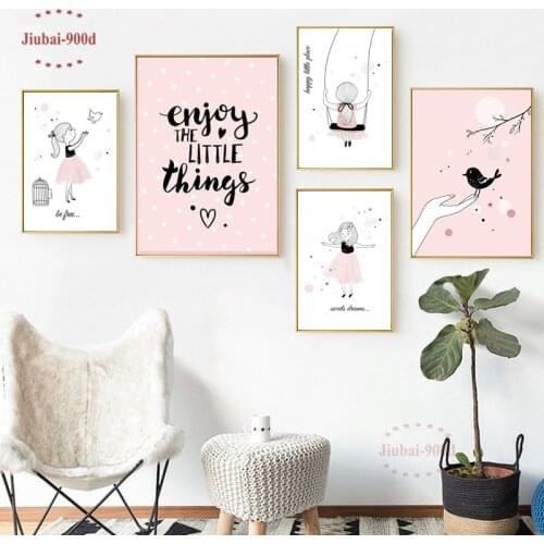Nursery Cartoon Girl Swing Bird Posters Canvas Painting Childrens Room Wall Decoration Pictures Wall Art Posters and Prints