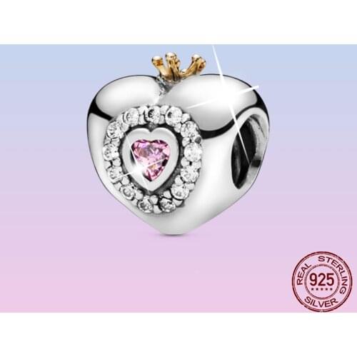 Elegant 925 Sterling Silver CZ Pink Heart Beads Gold Crown Charms Fit Pandora Bracelet For Women Jewelry Girlfriend Anniversary