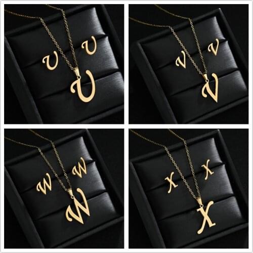 A-Z Stainless Steel Initial Necklace And Stud Earrings Jewelry Sets Alphabet Pendant Chain Letter Accessories Gifts