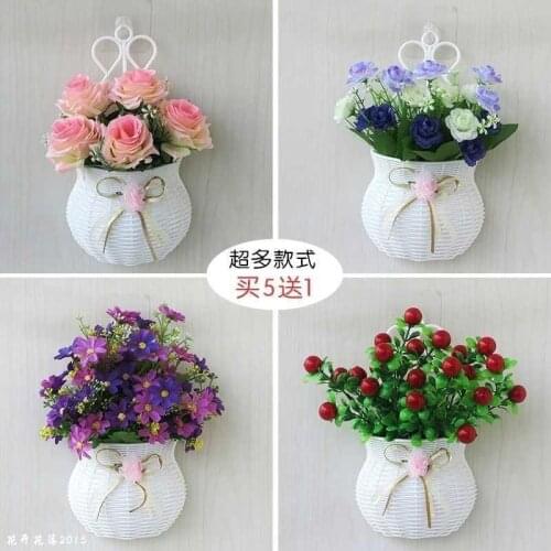 Indoor living room wall flower basket wall hanging plastic flowers bedroom wall hanging flower art green plant artificial flower
