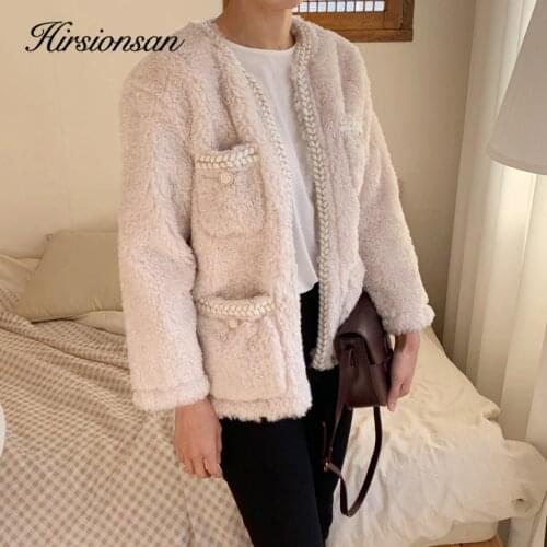 Hirsionsan Winter Thicken Warm Lamb Fur Jacket Coat Women Fleece Leather Female Outwear Elegant Patchwork Pocket Overcoat