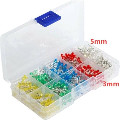 200PCS/LOT 3mm 5mm LED Kit Color Red Green Yellow Blue White Light Emitting Diode Assortment 20PCS Each New with Box