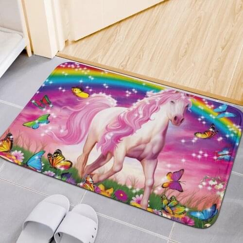 Upetstory Pink Horse Butterfly Print Bedroom Entrance Door Mat Anti-Slip Flannel Kitchen Living Room Carpet Mat Rugs