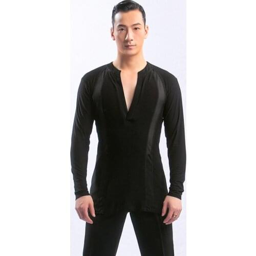 Latin Dance Clothes Men V Neck Long Sleeves Tops Latin Practice Wear Male Ballroom Cha Cha Rumba Dancing Shirt Black DNV14995
