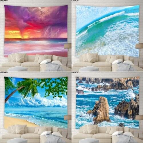 Ocean Scenery Tapestry Waves Beach Palm Trees Rocks Nature Photography Background Wall Bohemia Living Room Bedroom Home Decor