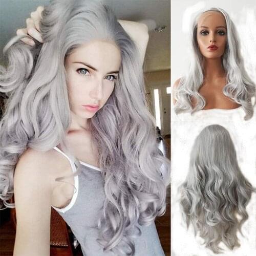 Gray Long Body Wave Lace Front Wigs for Women Silver Grey Synthetic Wig with Baby Hair Best Half Hand Tied Heat Resistant Fiber