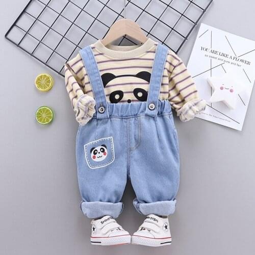 Jargazol Fall Toddler Children Outfits Stripes Cartoon Panda Long Sleeve Shirt&Denim Overalls 2 Pieces Cute Baby Boys Clothes