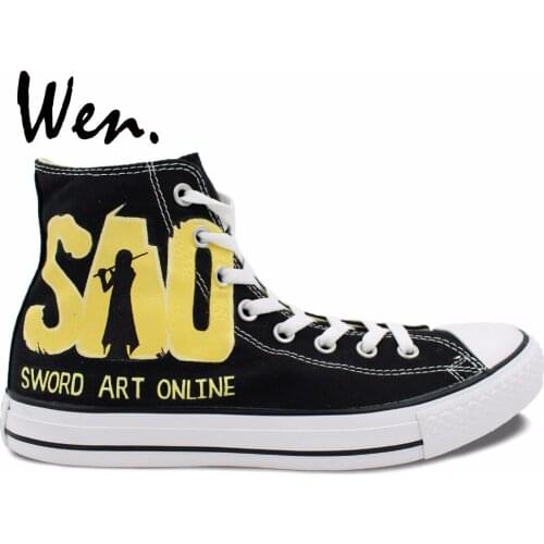 Wen Black Hand Painted Shoes Design Custom Sword Art Online Anime Men Womens High Top Canvas Sneakers for Gifts