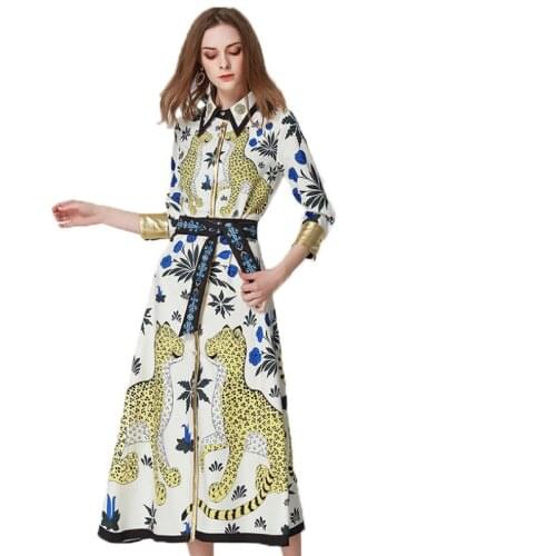 High Quality Womens Dresses 2019 Spring Summer New Temperament Leopard Printing Doll Collar High Waist Large Swing Ladies Dress