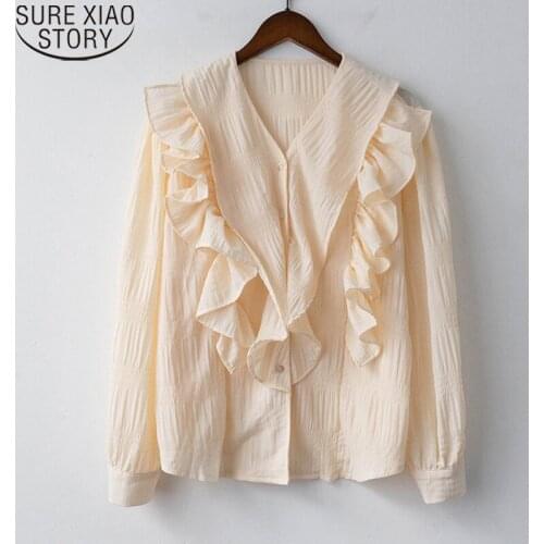 French Style Chic Blouse Sweet V Collar Ruffle Clothes Women Tops and Blouses 2021 Spring Cardigan Ladies beige Shirts 13577