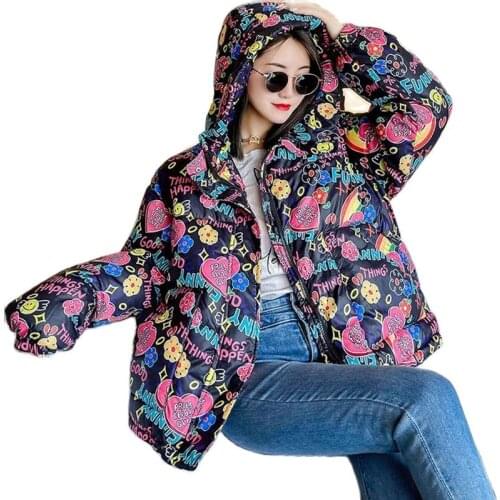 Korean Printing Coat Winter 2021 Women Graffiti Vintage Hooded Jacket For Girls New Candy Rainbow Short Oversized Jacket Women