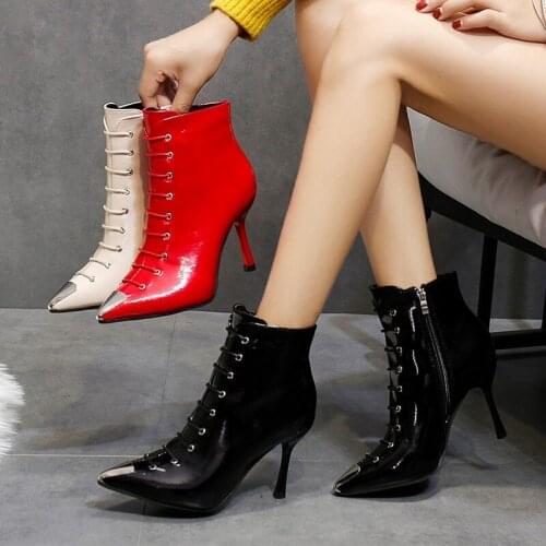 2021 Autumn Winter High Heel Shoes Woman Patent Leather Ankle Boots Sexy Pointed Toe Cross-tied Thin Heels Party Boots