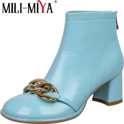 MILI-MIYA Luxury Brand Designer Metal Chain Ankle Boots Fashion Women Square Toe Block Heels Wedding Party Shoes Big Size 34-43