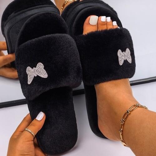 House Slippers Women 2021 Rhinestone Butterfly Decor Fluffy Bedroom Slippers Female Furry Slides Open Toe Flat Winter Warm Shoes