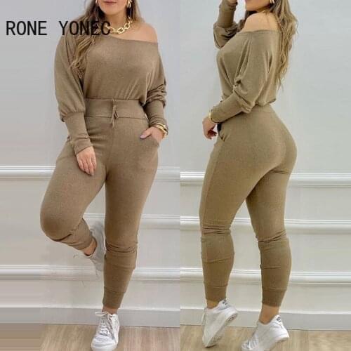 Women Solid Off Shoulder Batwing Sleeve Tape Casual Skinnny Pant Sets