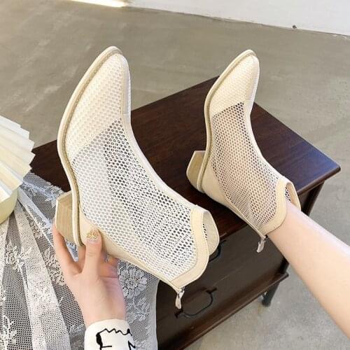 2021 New Summer Sandals New Mesh Mid-heel Net Boots High Heels Wild Net Red Ins Tide Street Shooting Breathable Women Sandal