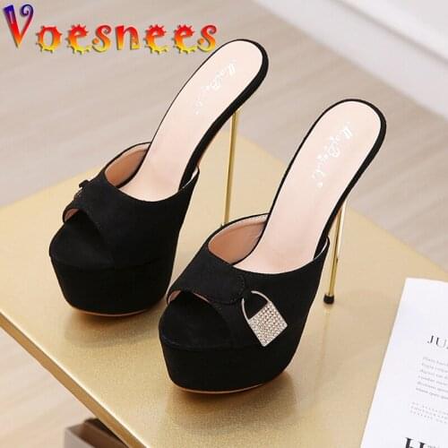 Voesnees Platform Slippers Women Shoes 2021 New Flock Lock Head Decoration Summer Fashion Thin Heels 17cm Black Ladies Slides